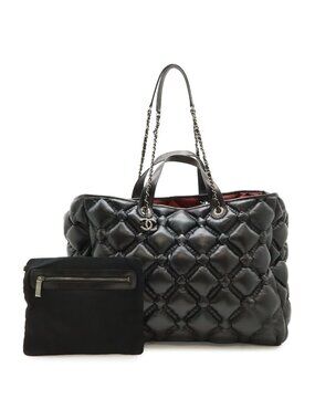 Chanel Bubble Quilt Tote Large 2-Way Handbag Chain Shoulder Leather Black Silver